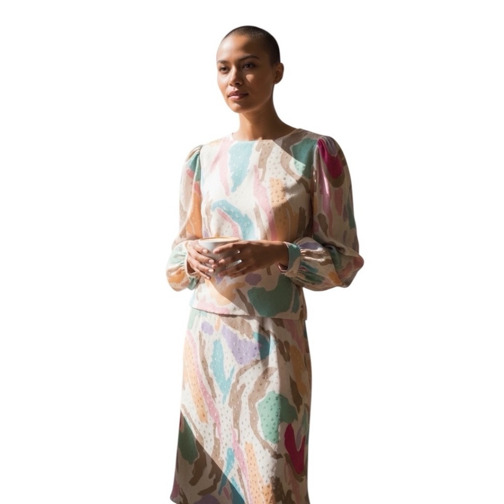 David Hayes Bright Abstract Silk Print Women's Skirt Blouse Set Size 12‎